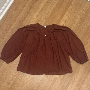 Aerie Medium Brown Eyelet Oversized Peasant Blouse Shirt Puff Sleeves Boho